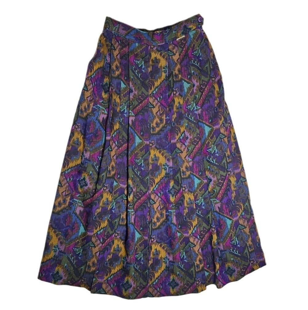 Vtg GEIGER Austria Floral Pleated Wool Midi Skirt Jewel Tone Whimsychic 36 US 4